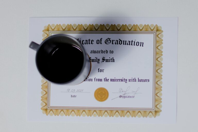 Cup of coffee on certificate